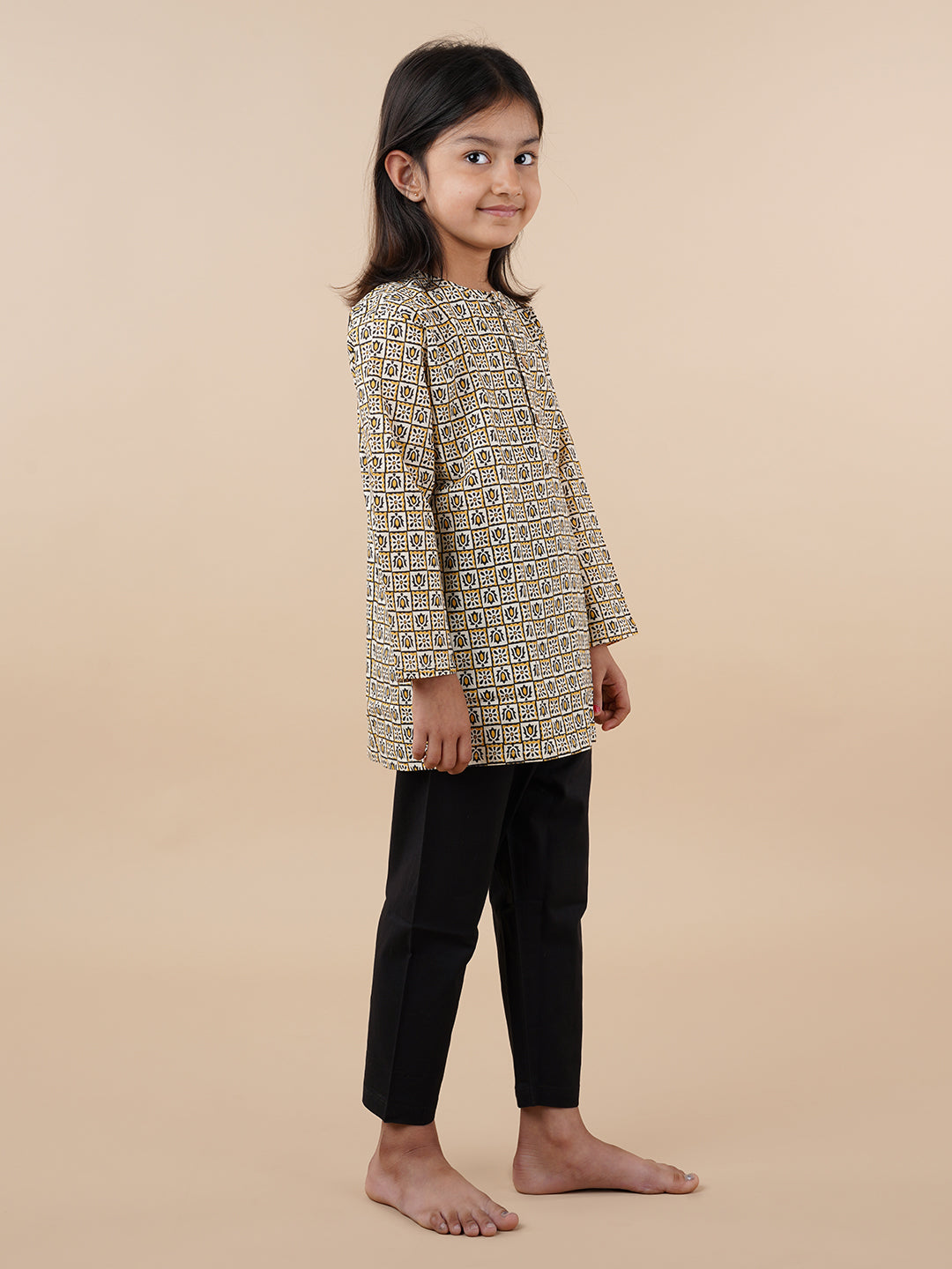 Off-White Printed Kids Cotton Kurta Pyjama Set