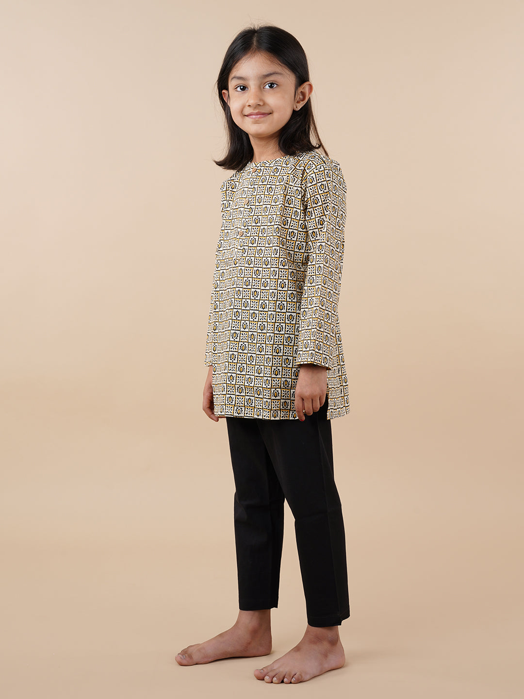 Off-White Printed Kids Cotton Kurta Pyjama Set