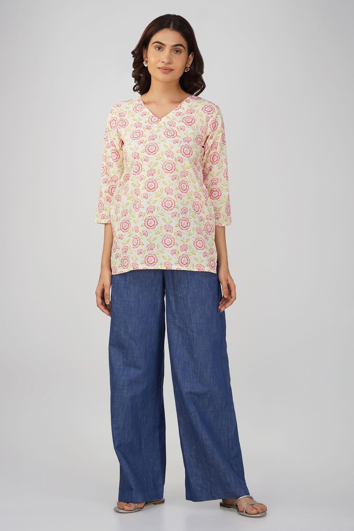 Off-Pink Printed V-Neck Cotton Top