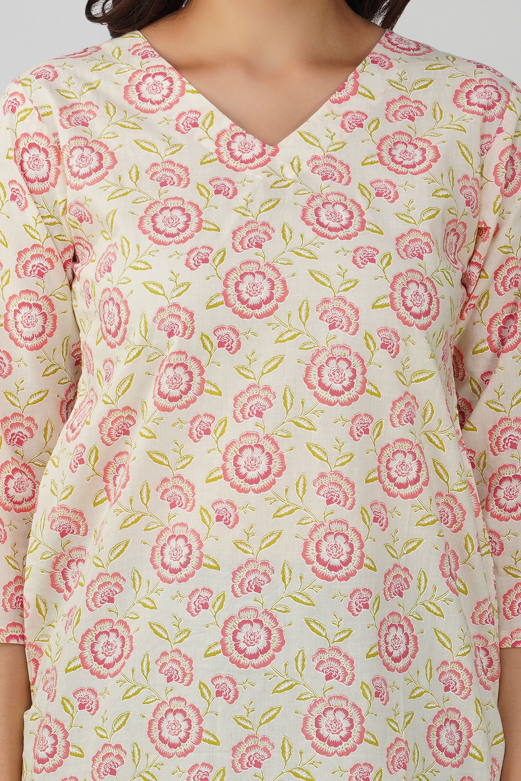 Off-Pink Printed V-Neck Cotton Top
