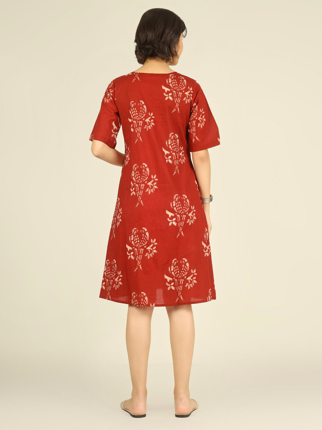 Red Printed Half-Sleeve A-Line Short Cotton Dress