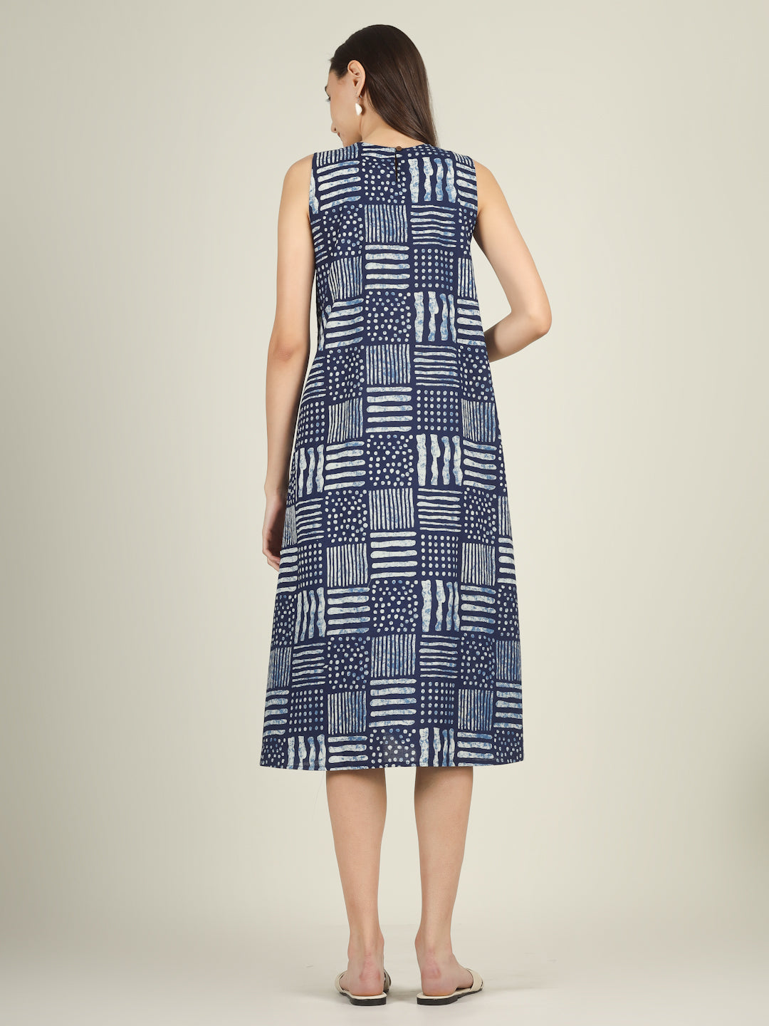 Blue Printed Sleeveless A-Line Cotton Dress