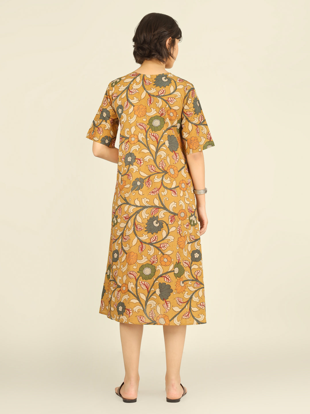 Mustard Printed Half-Sleeve A-Line Cotton Dress