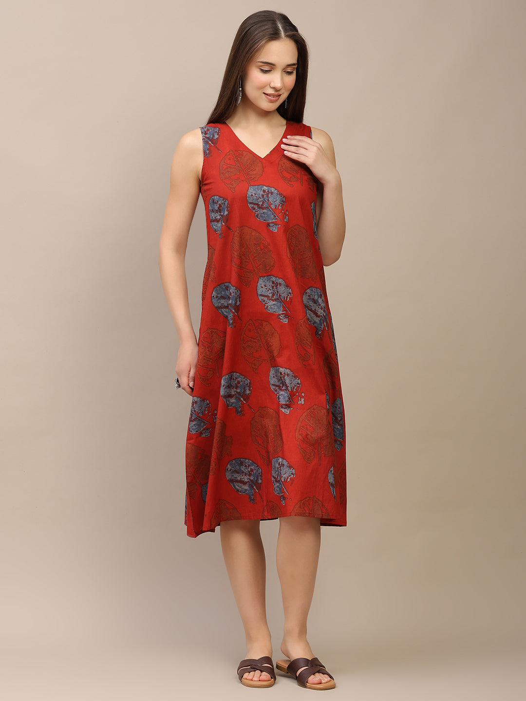 Red Printed V-Neck Sleeveless A-Line Cotton Dress