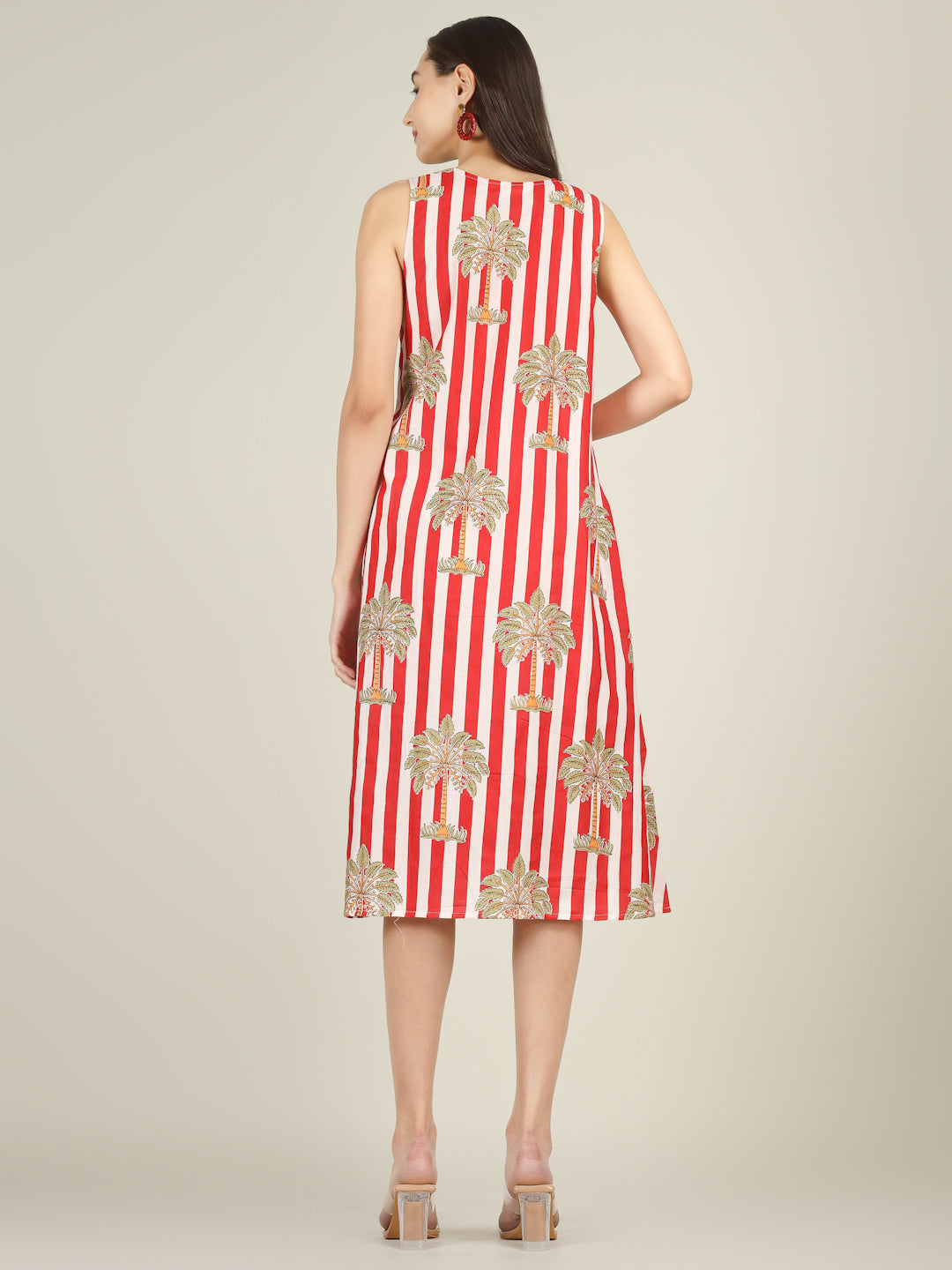 Red Striped V-Neck Sleeveless A-Line Cotton Dress
