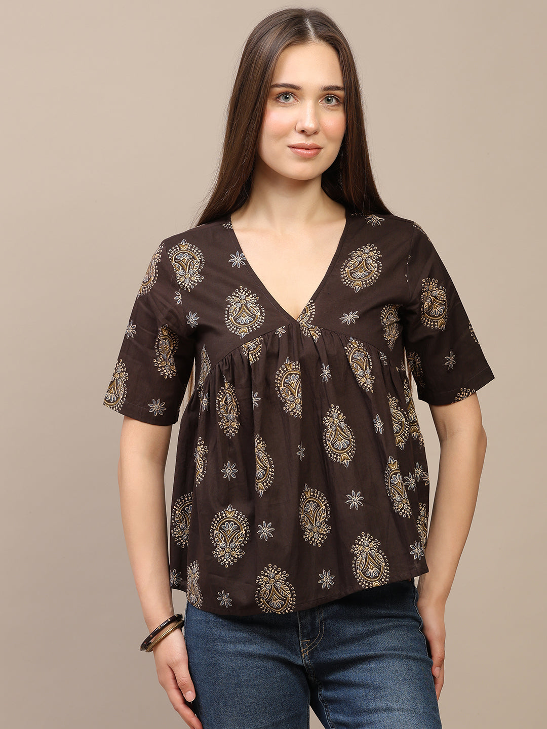 Brown Printed Half-Sleeve Alia-Cut Cotton Top
