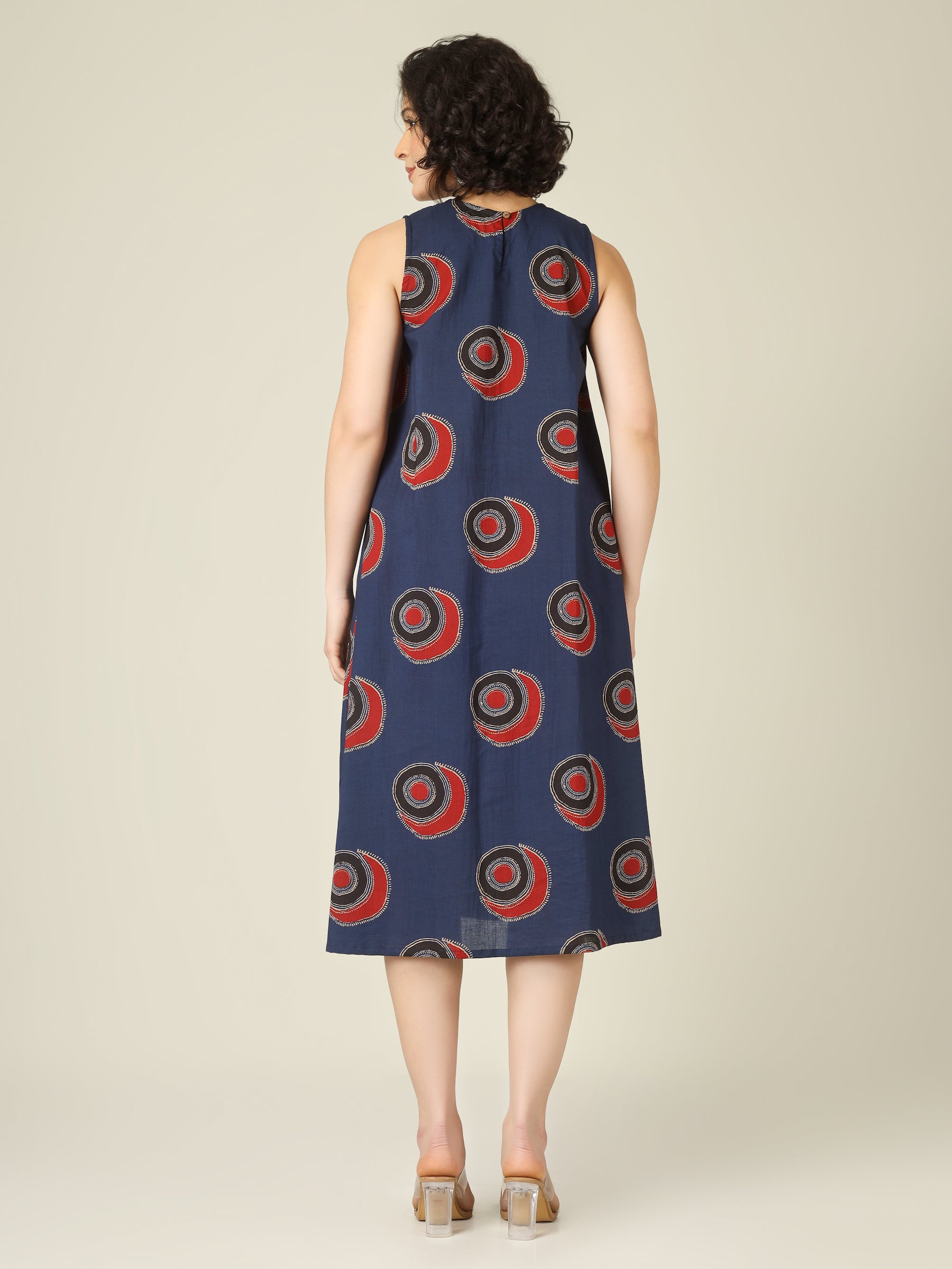 Blue Printed Sleeveless A-Line Cotton Dress