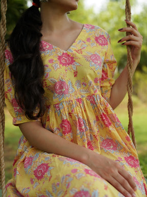 Yellow Printed Long Cotton Dress