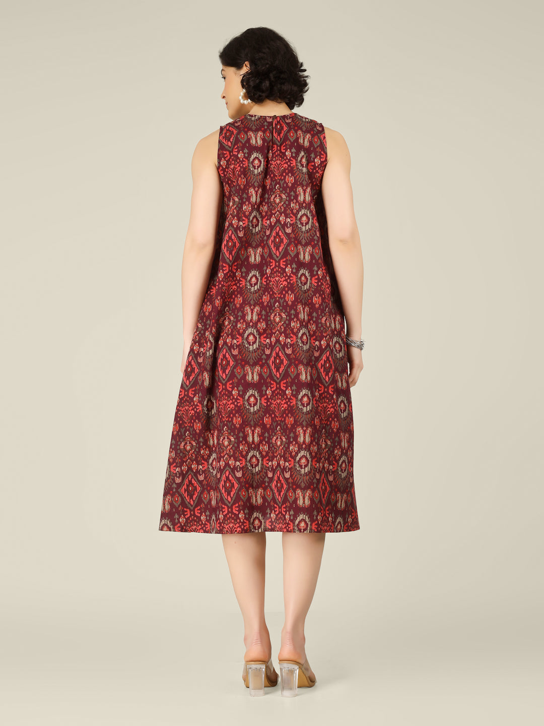 Wine Printed Sleeveless A-Line Cotton Dress