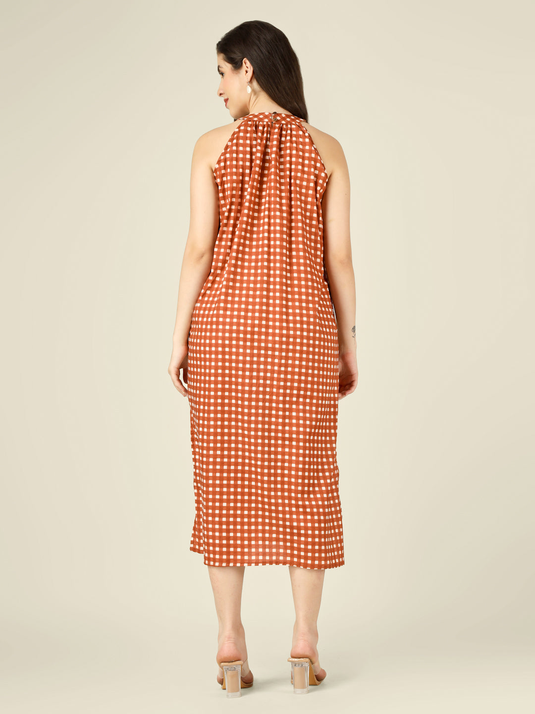 Brown Checked Halter Neck Long Sleeveless Cotton Dress