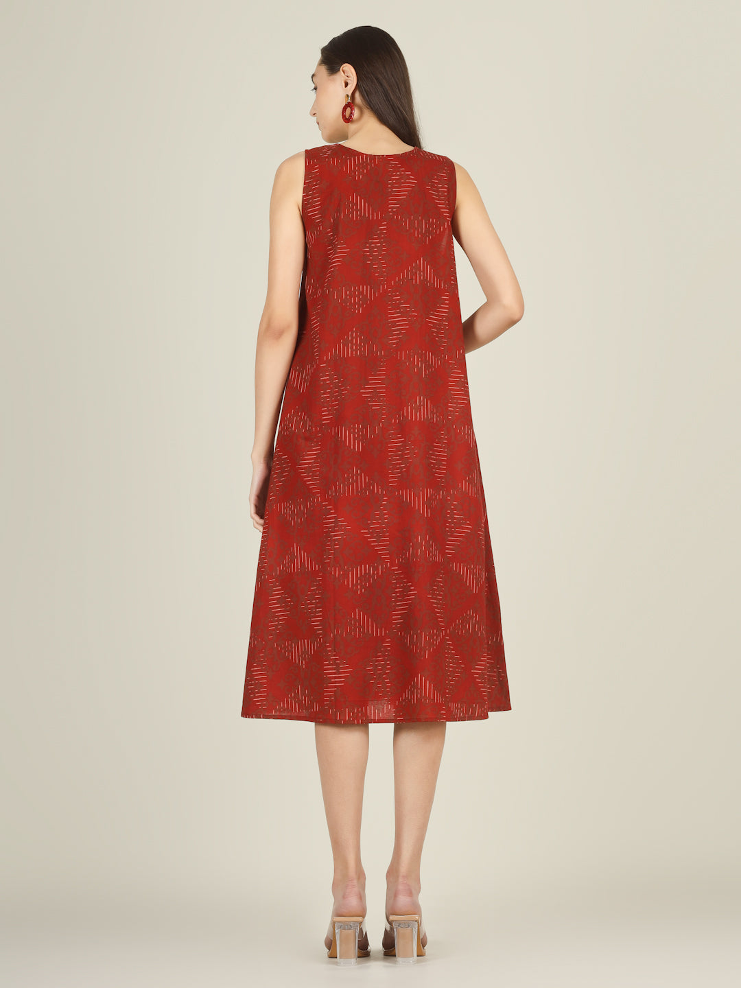Red Printed V-Neck Sleeveless A-Line Cotton Dress