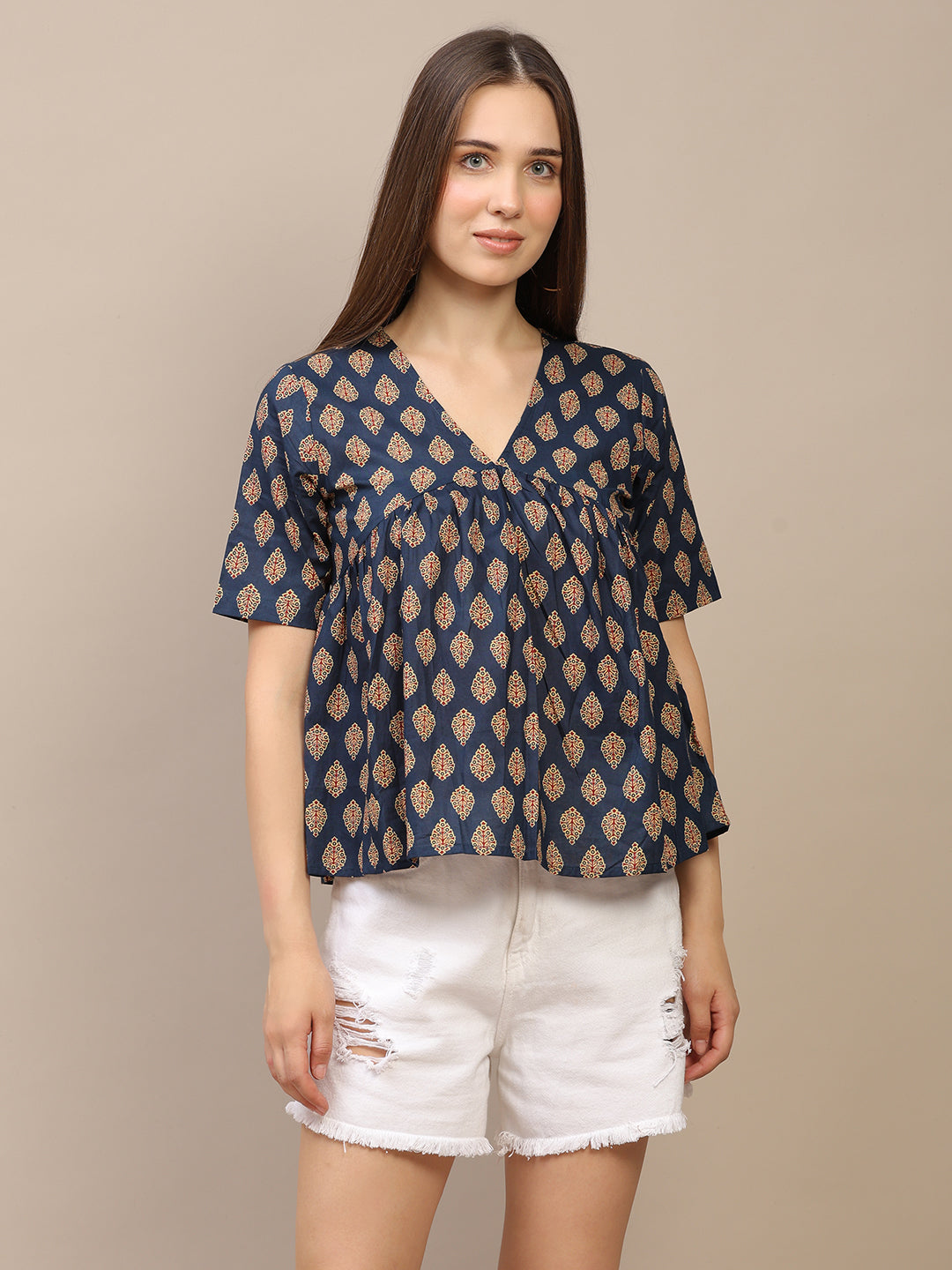 Navy Blue Printed Half-Sleeve Alia-Cut Cotton Top