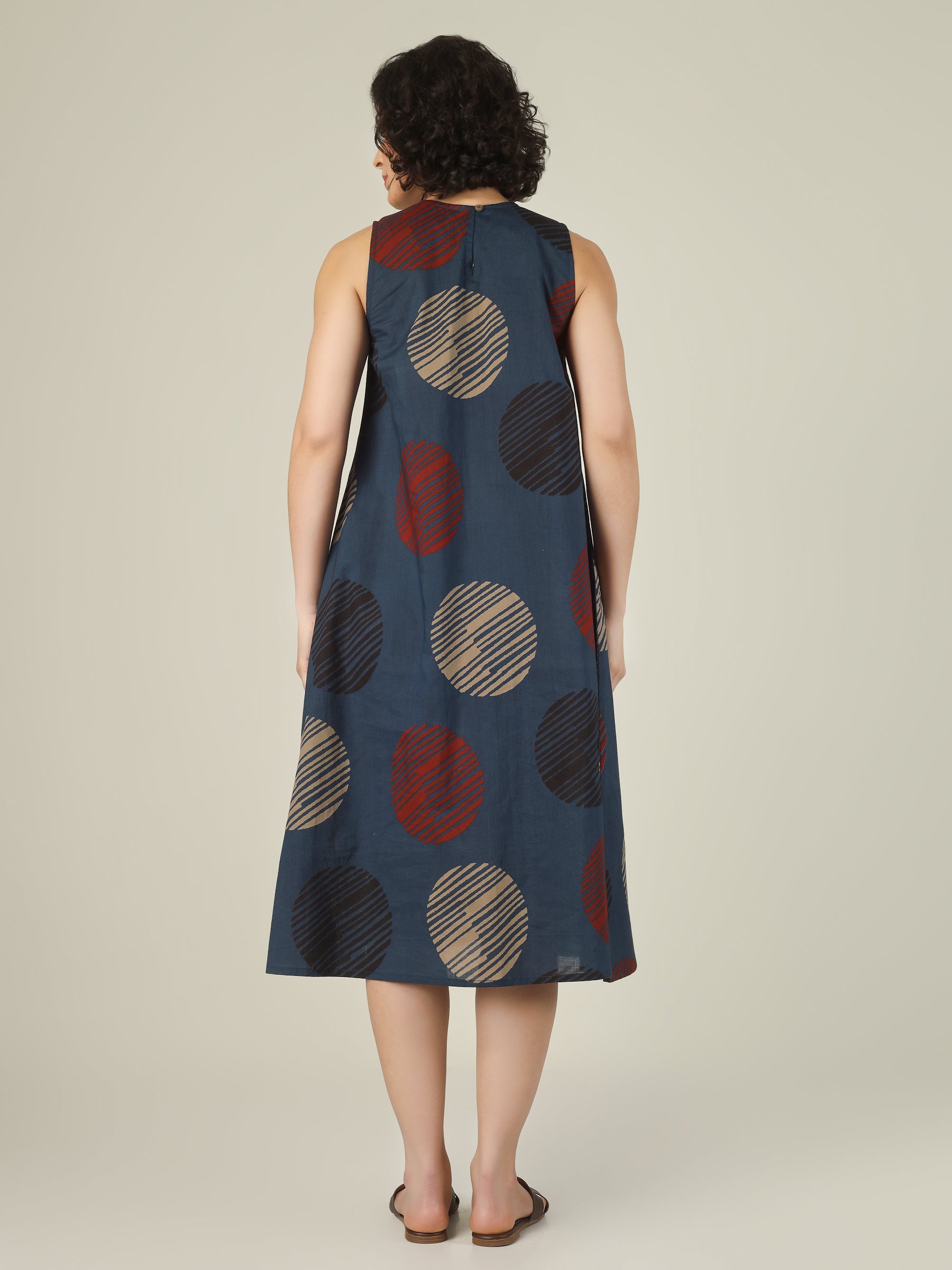 Blue Printed Sleeveless A-Line Cotton Dress