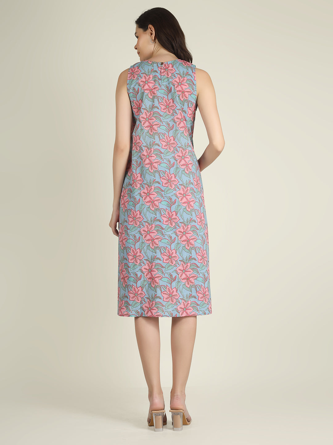 Sky Blue Printed Sleeveless A-Line Cotton Dress
