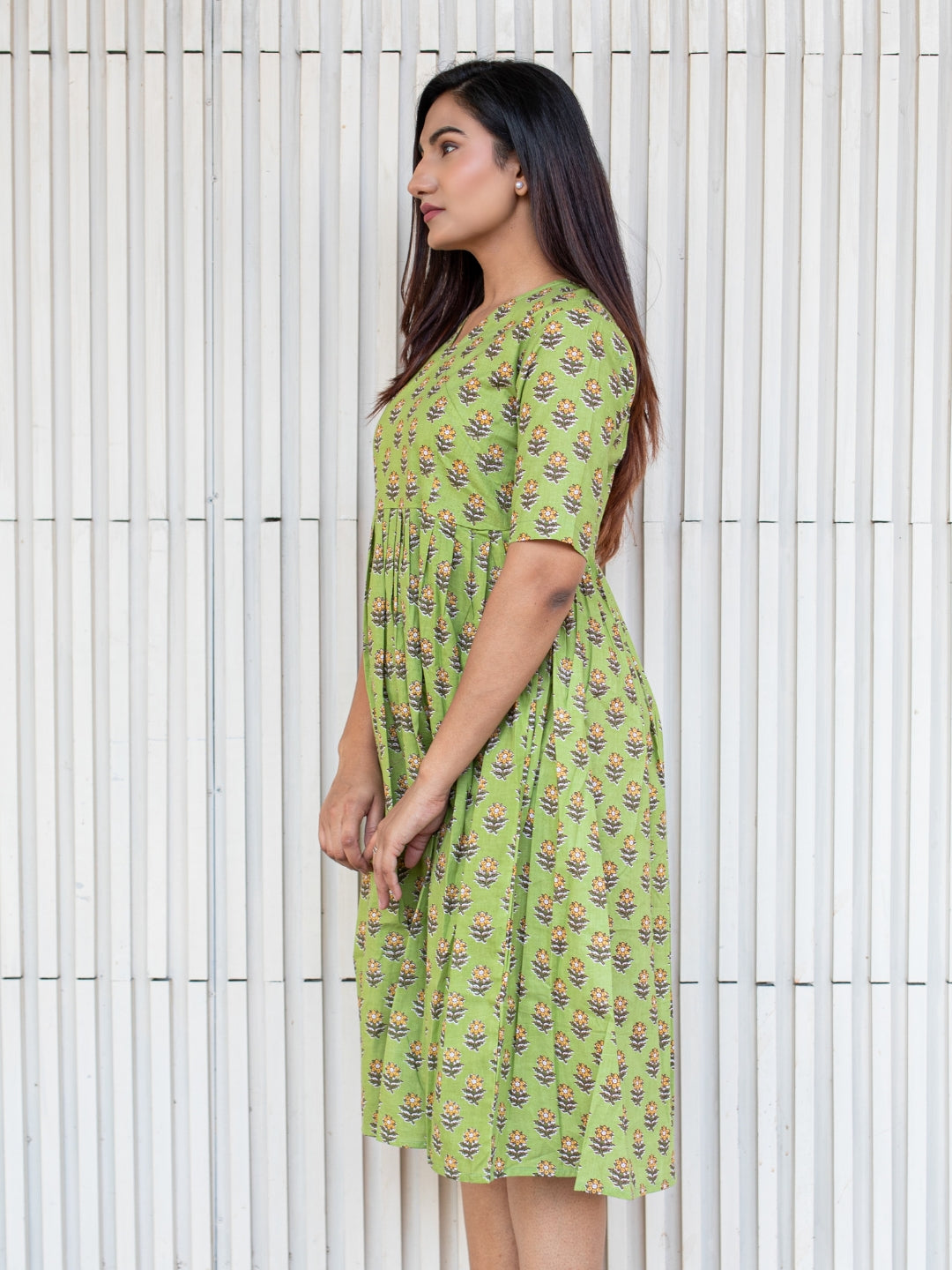 Green Printed Flared Cotton Dress