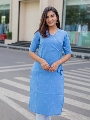 Handloom Cotton Blue Angrakha Kurta Set