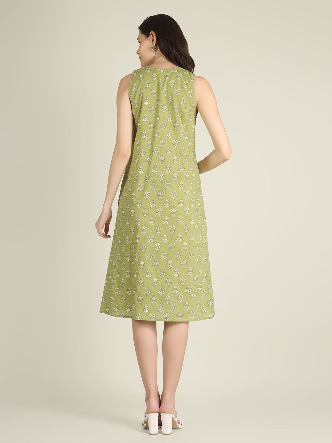 Green Printed Sleeveless V-Neck A-Line Cotton Dress