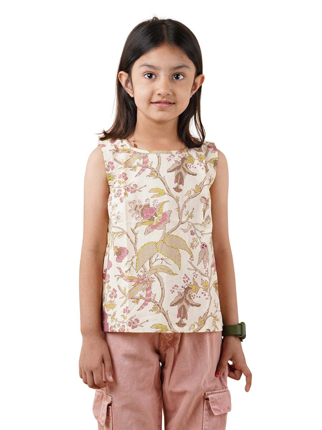 Kids Sleeveless Cotton Top (White and Green)