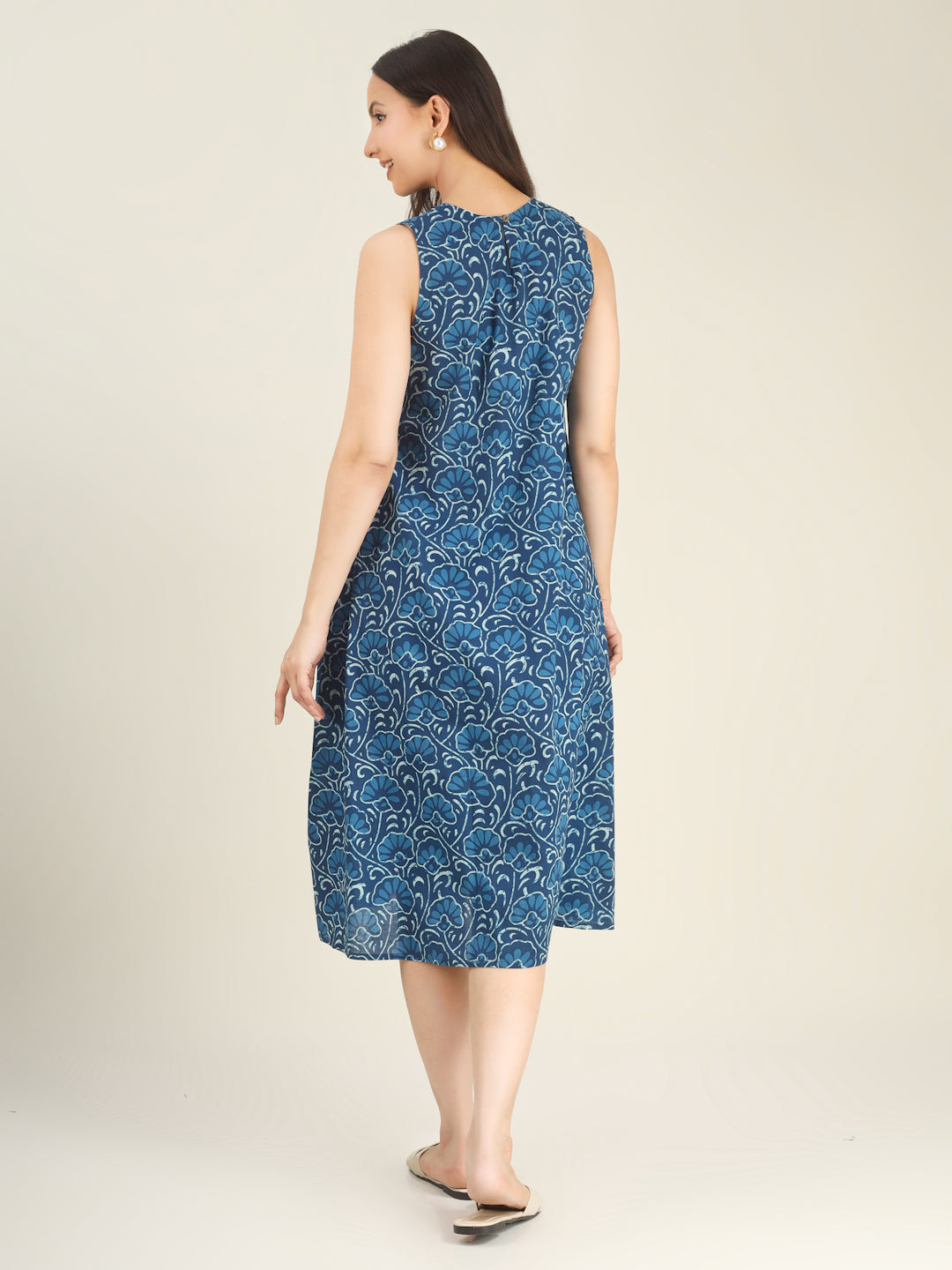 Blue Printed Sleeveless A-Line Cotton Dress