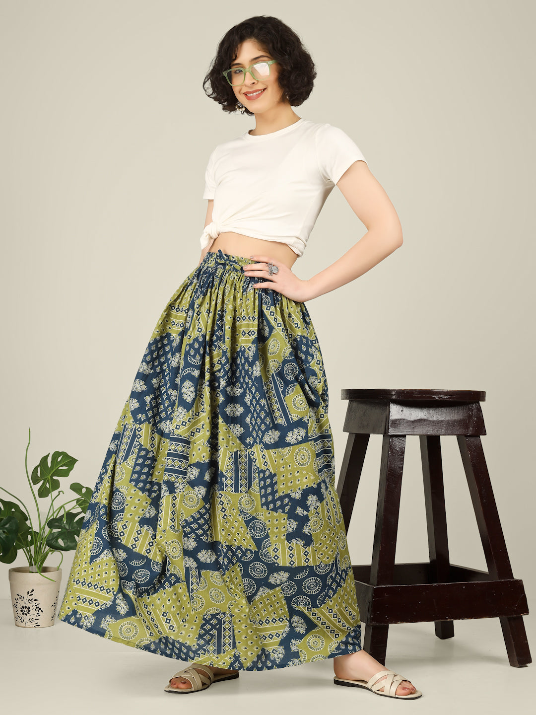 Green and Blue Printed Cotton Maxi Skirt
