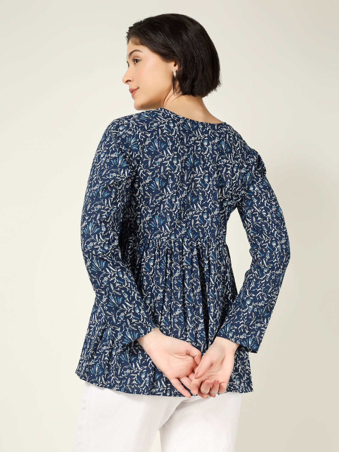 Blue Printed Full-Sleeve Alia-Cut Cotton Top