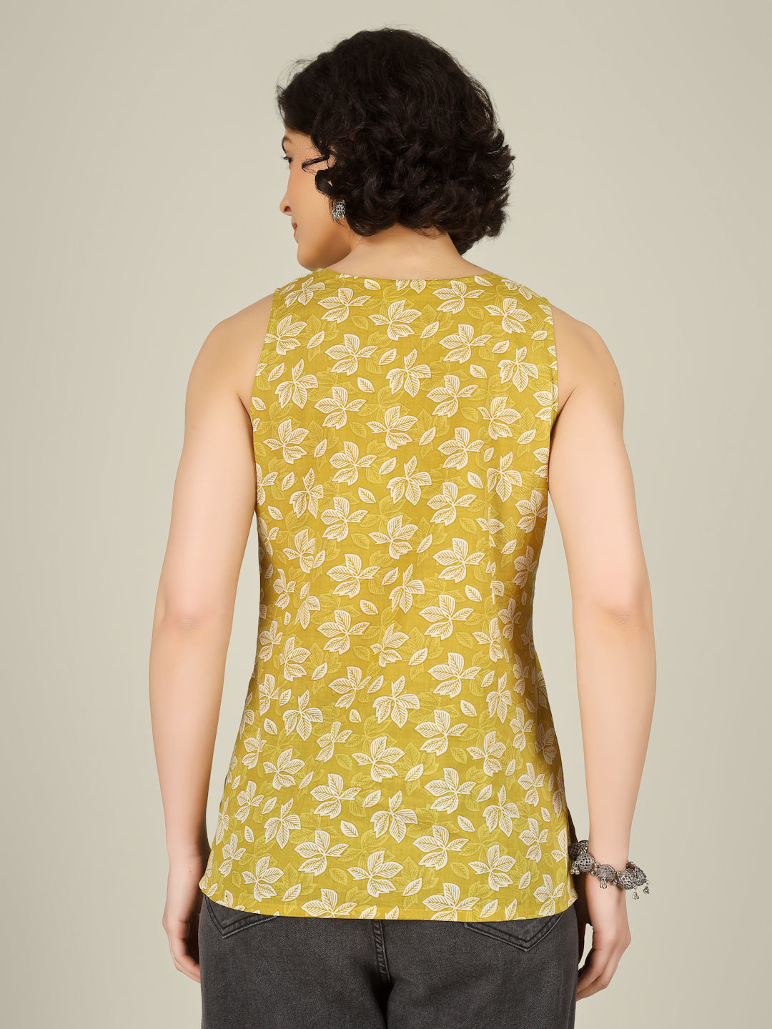 Yellow Printed Sleeveless V-Neck Cotton Top