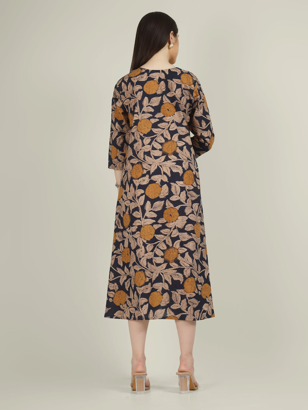 Blue Printed 3/4th Sleeve A-Line Cotton Dress