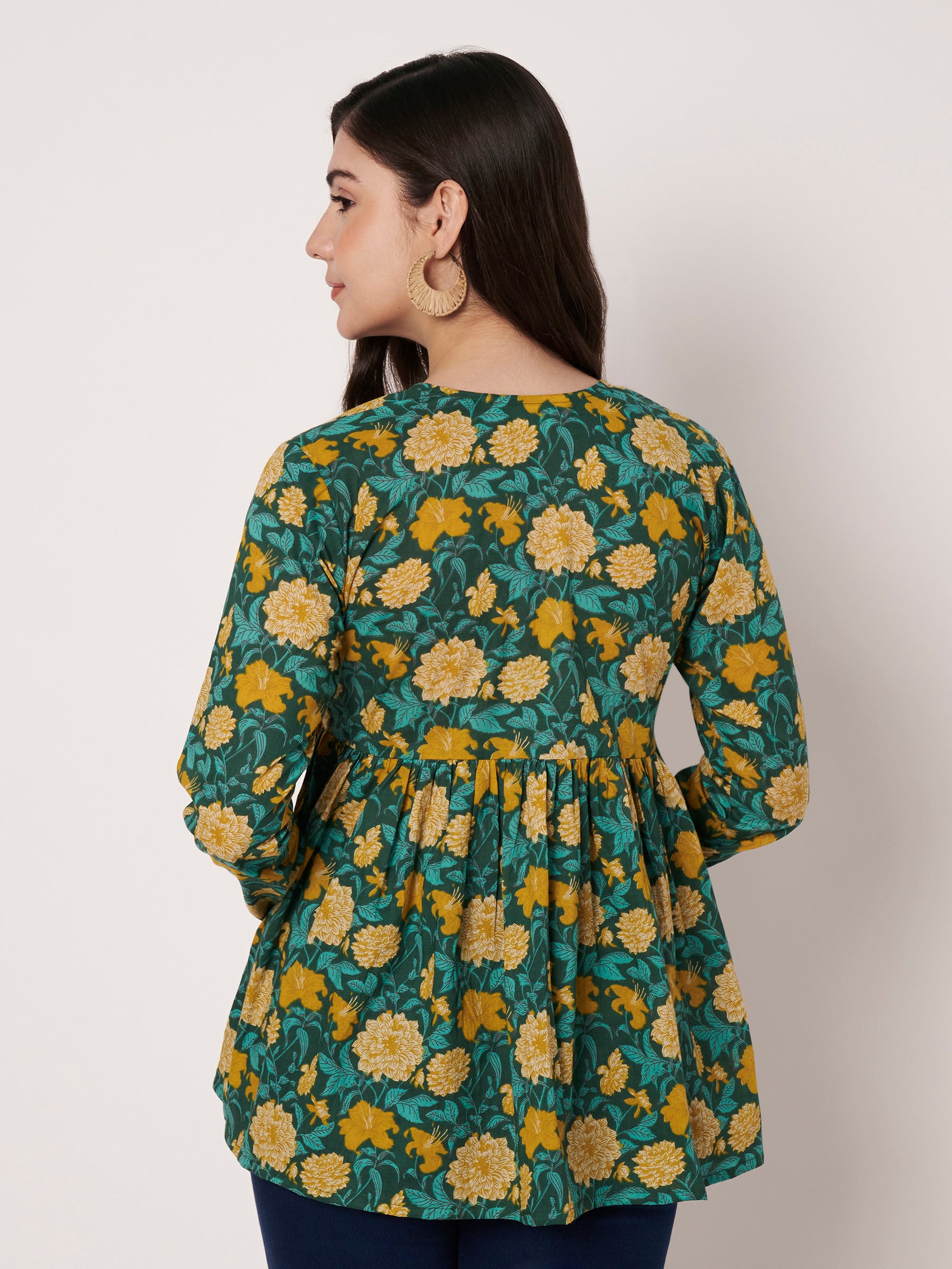 Green Printed Alia-Cut Cotton Top