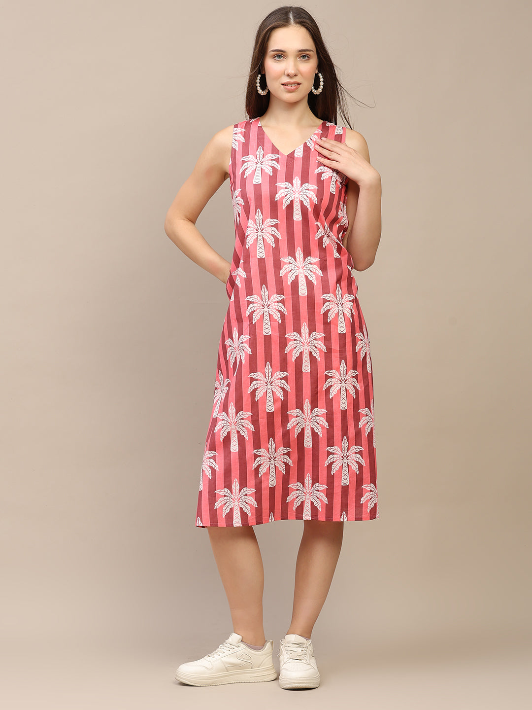 Pink Striped V-Neck Sleeveless A-Line Cotton Dress