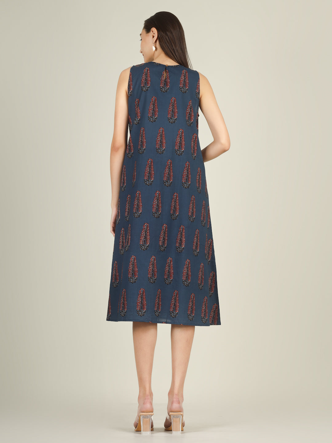 Blue Printed Sleeveless A-Line Cotton Dress