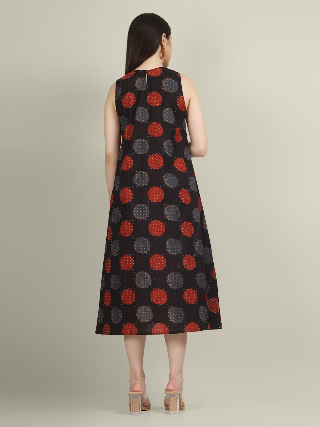 Black Printed Sleeveless A-Line Cotton Dress