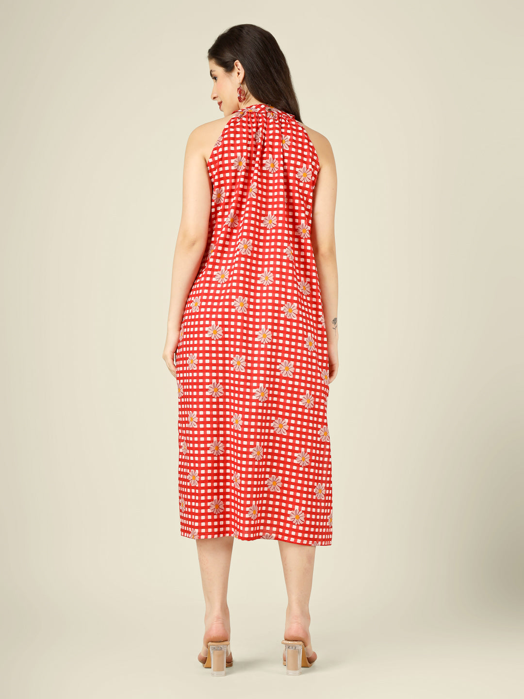 Red Checked Halter Neck Long Sleeveless Cotton Dress