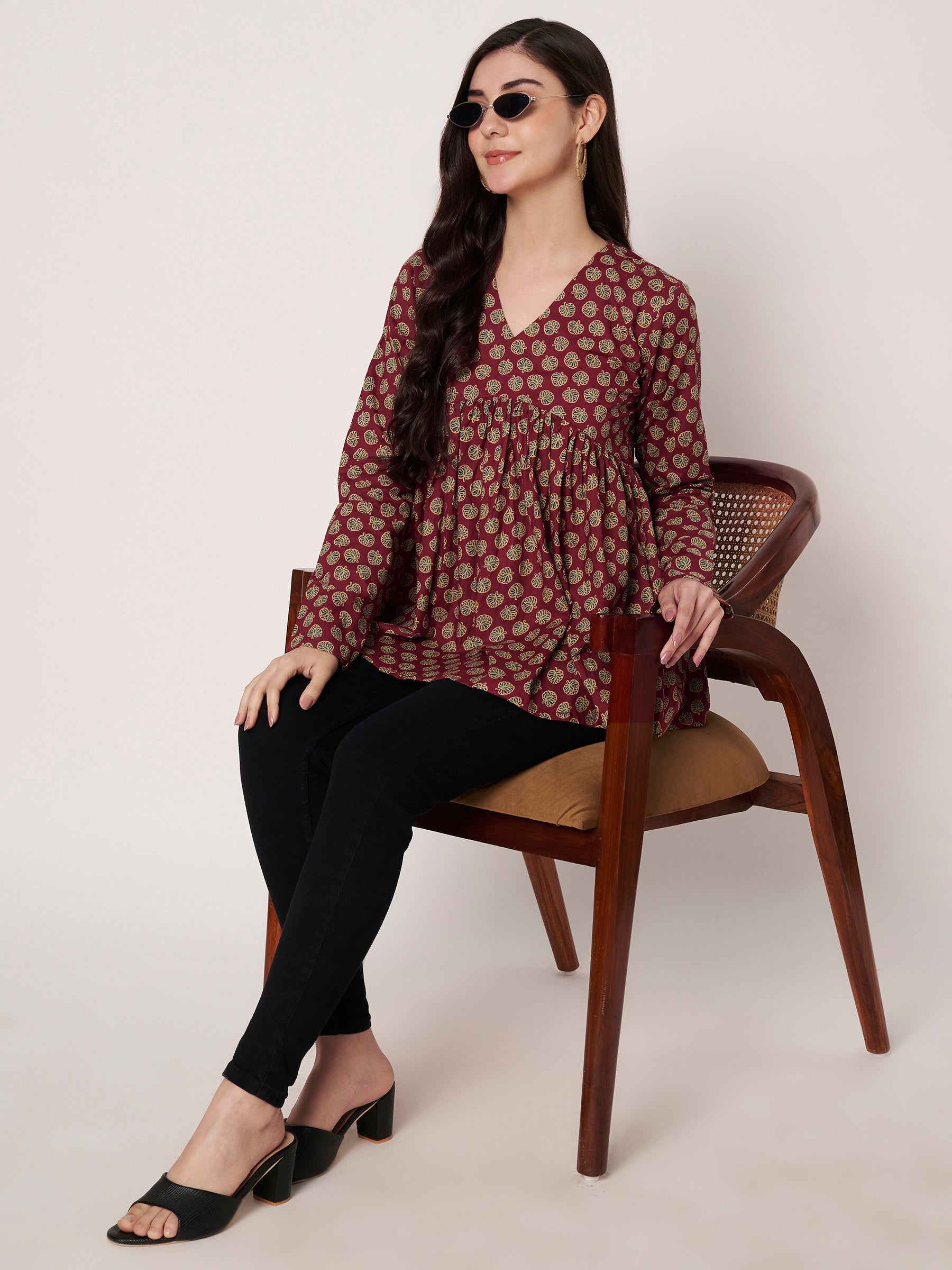 Maroon Printed Alia-Cut Cotton Top
