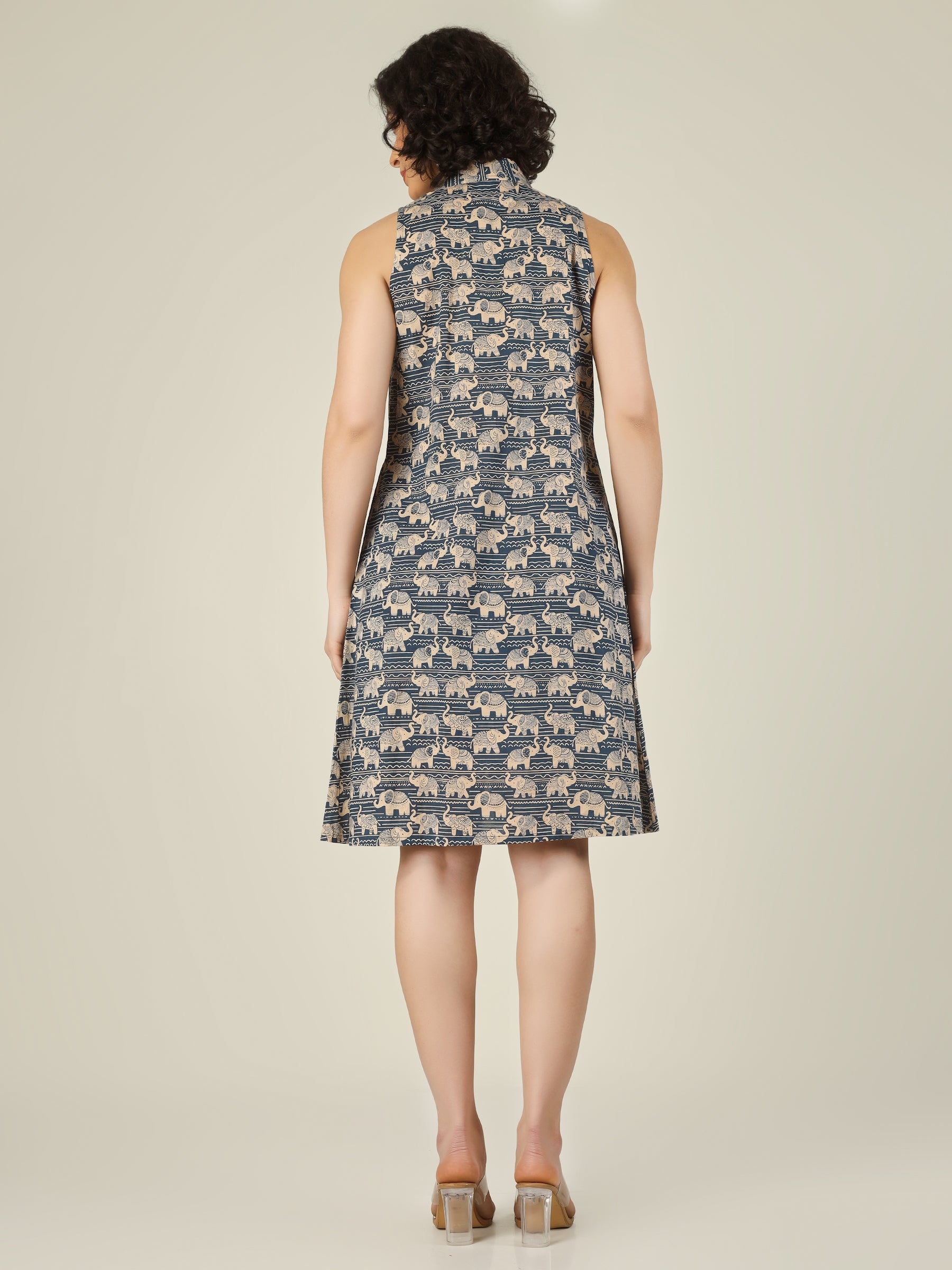 Blue Printed Short Sleeveless Cotton Shirt Dress