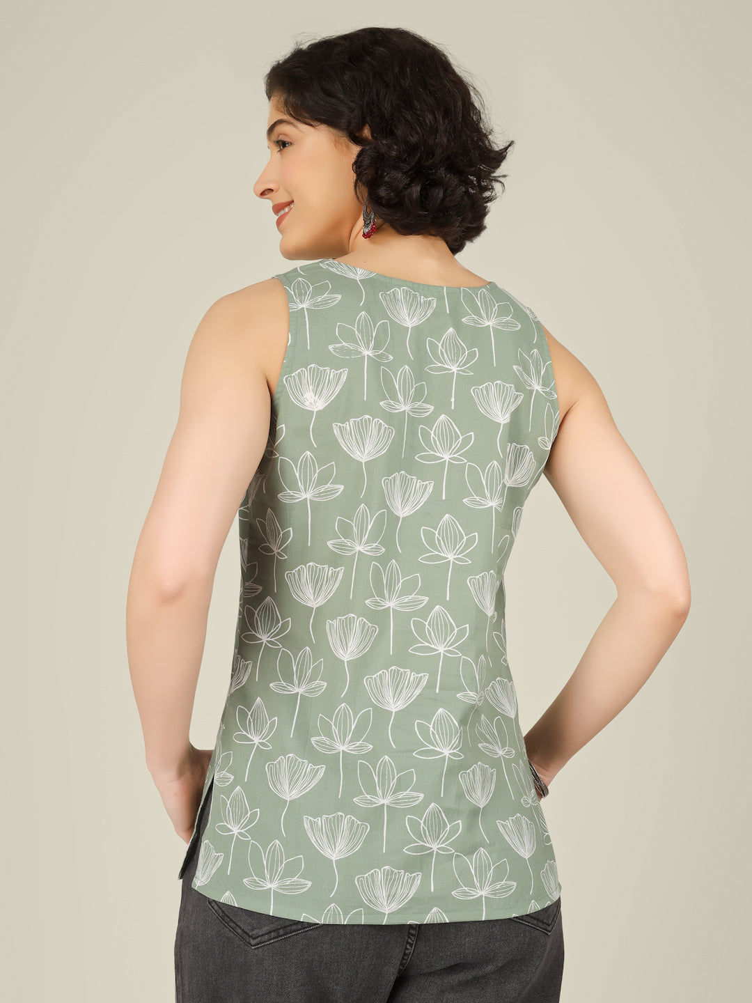 Green Printed Sleeveless V-Neck Cotton Top