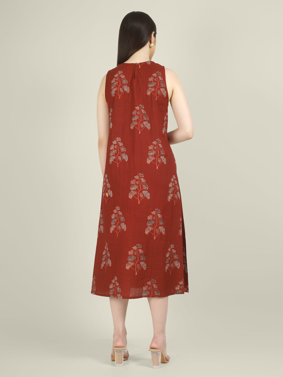 Maroon Printed Sleeveless A-Line Cotton Dress