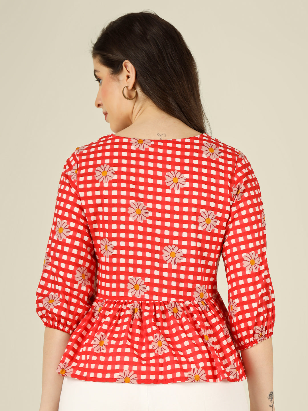 Red Checked Cotton Peplum Top