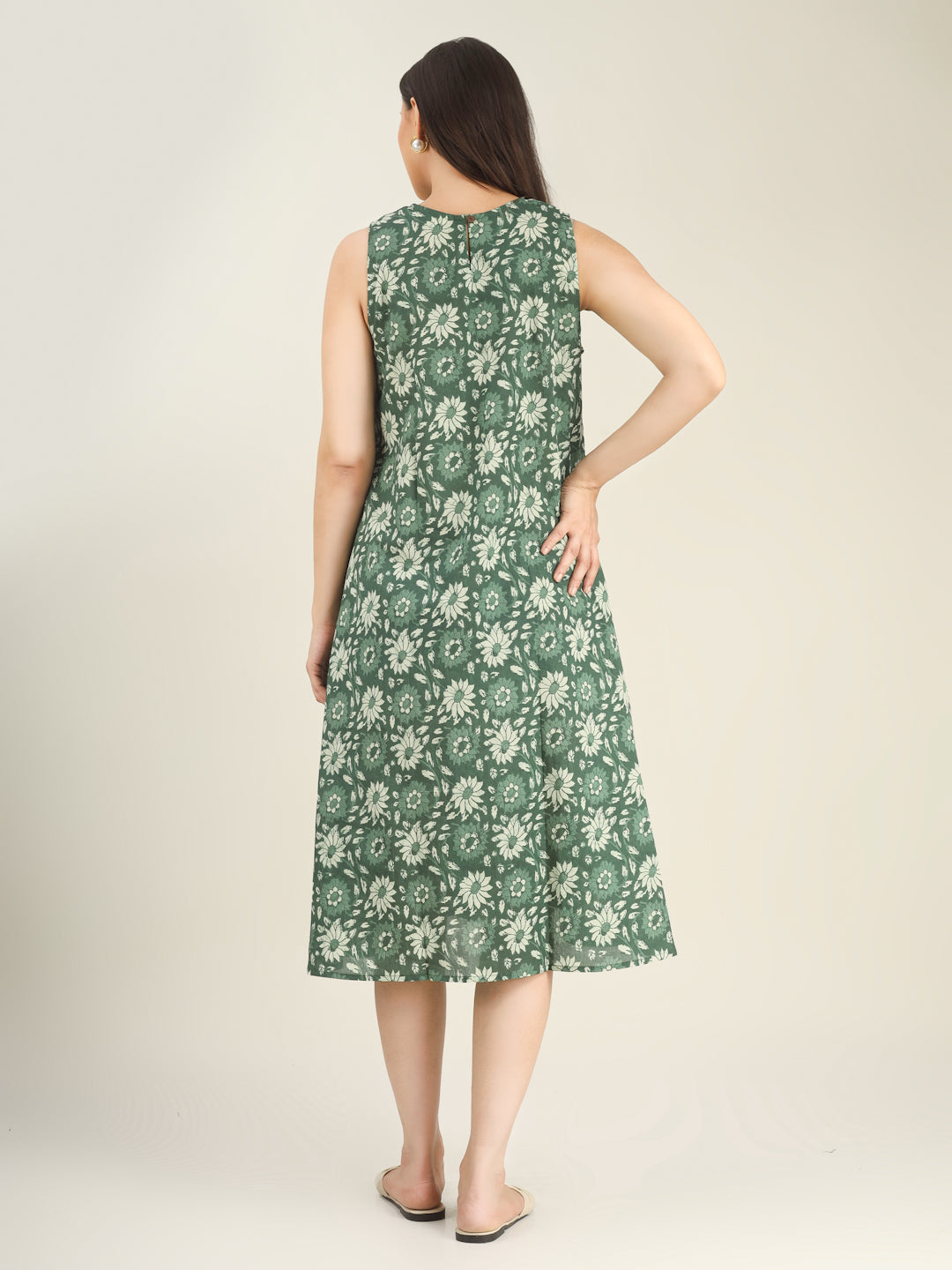 Green Printed Sleeveless A-Line Cotton Dress