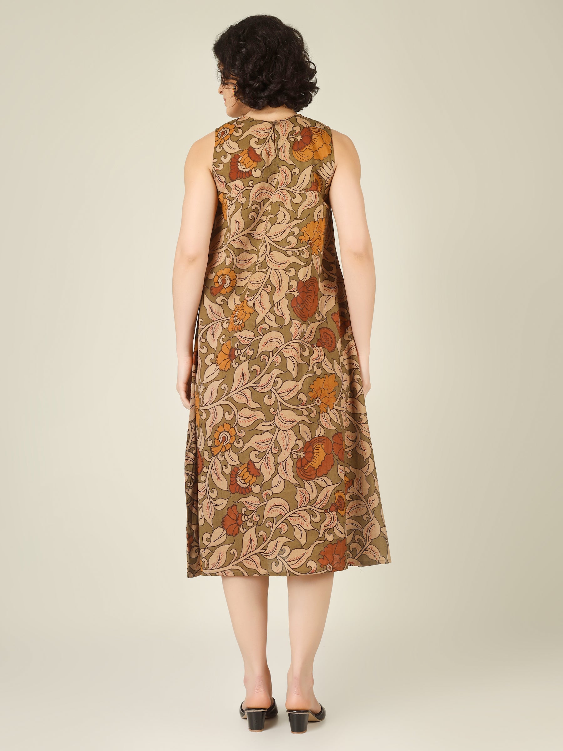 Olive Printed Sleeveless A-Line Cotton Dress