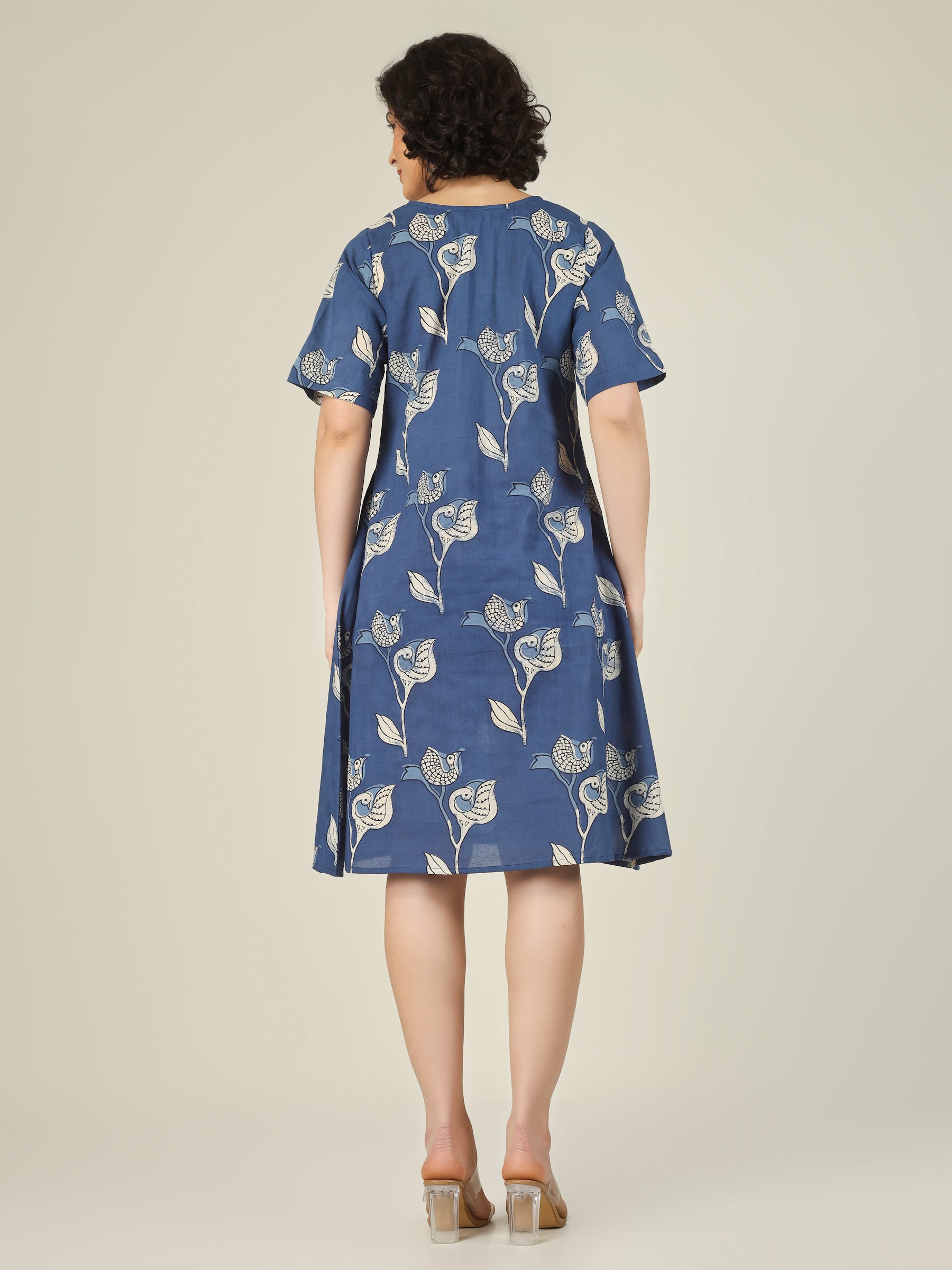 Navy Blue Printed Short A-Line Cotton Dress