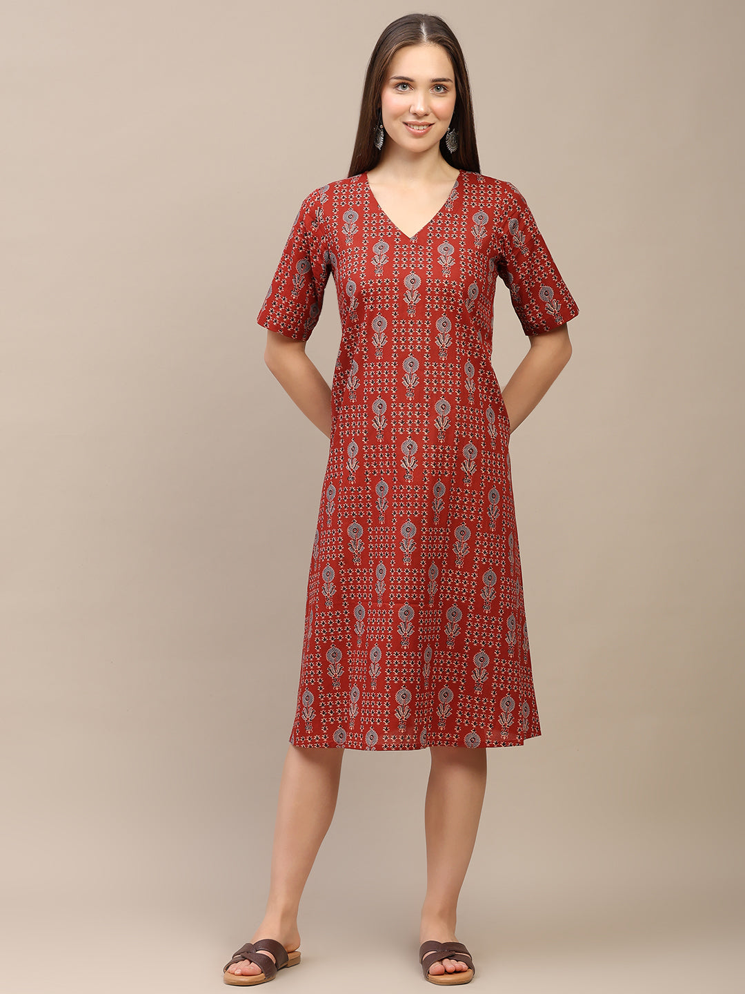 Red Printed Half-Sleeve A-Line Cotton Dress