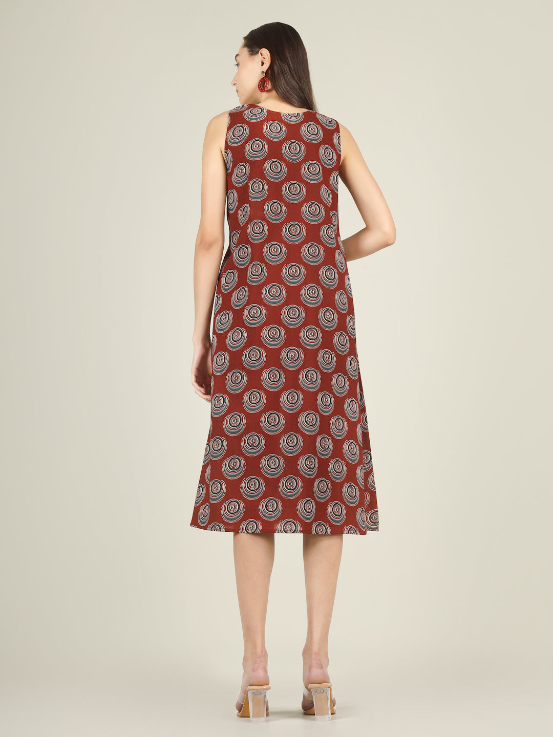Maroon Printed V-Neck Sleeveless A-Line Cotton Dress
