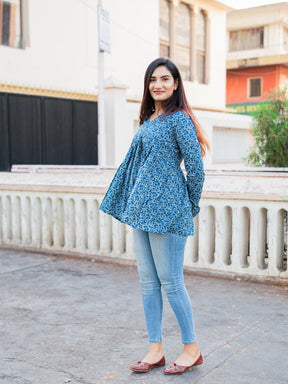 Blue Printed Full Sleeves Alia Cut Cotton Top