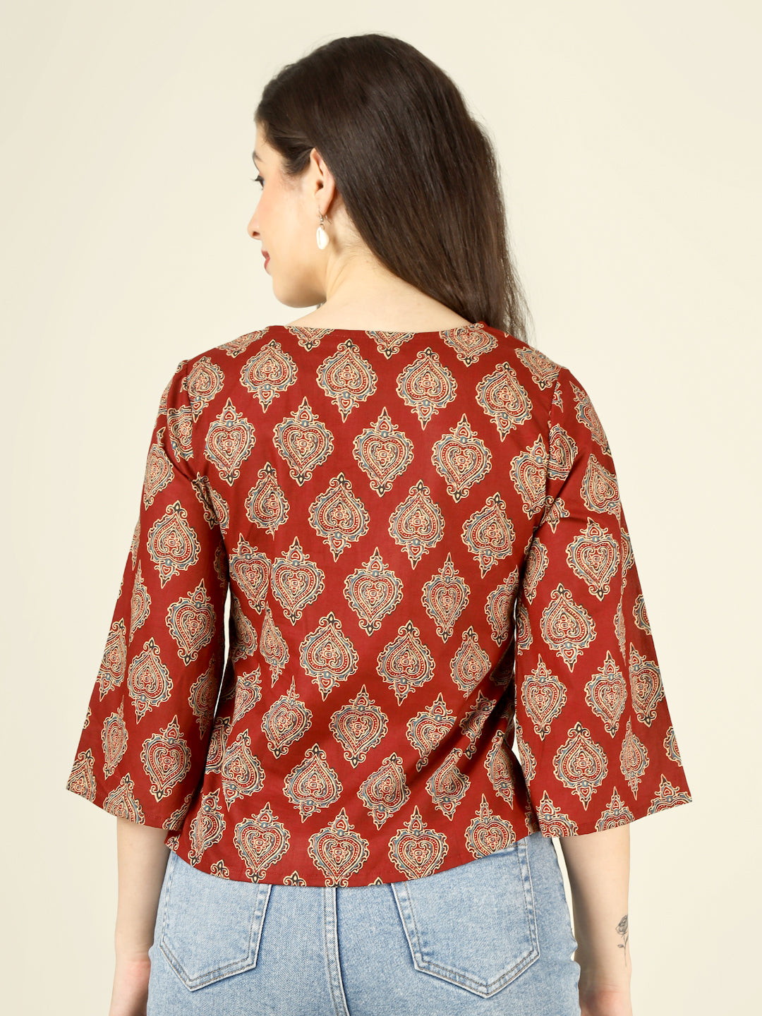 Maroon Printed Straight Bell-Sleeves Top