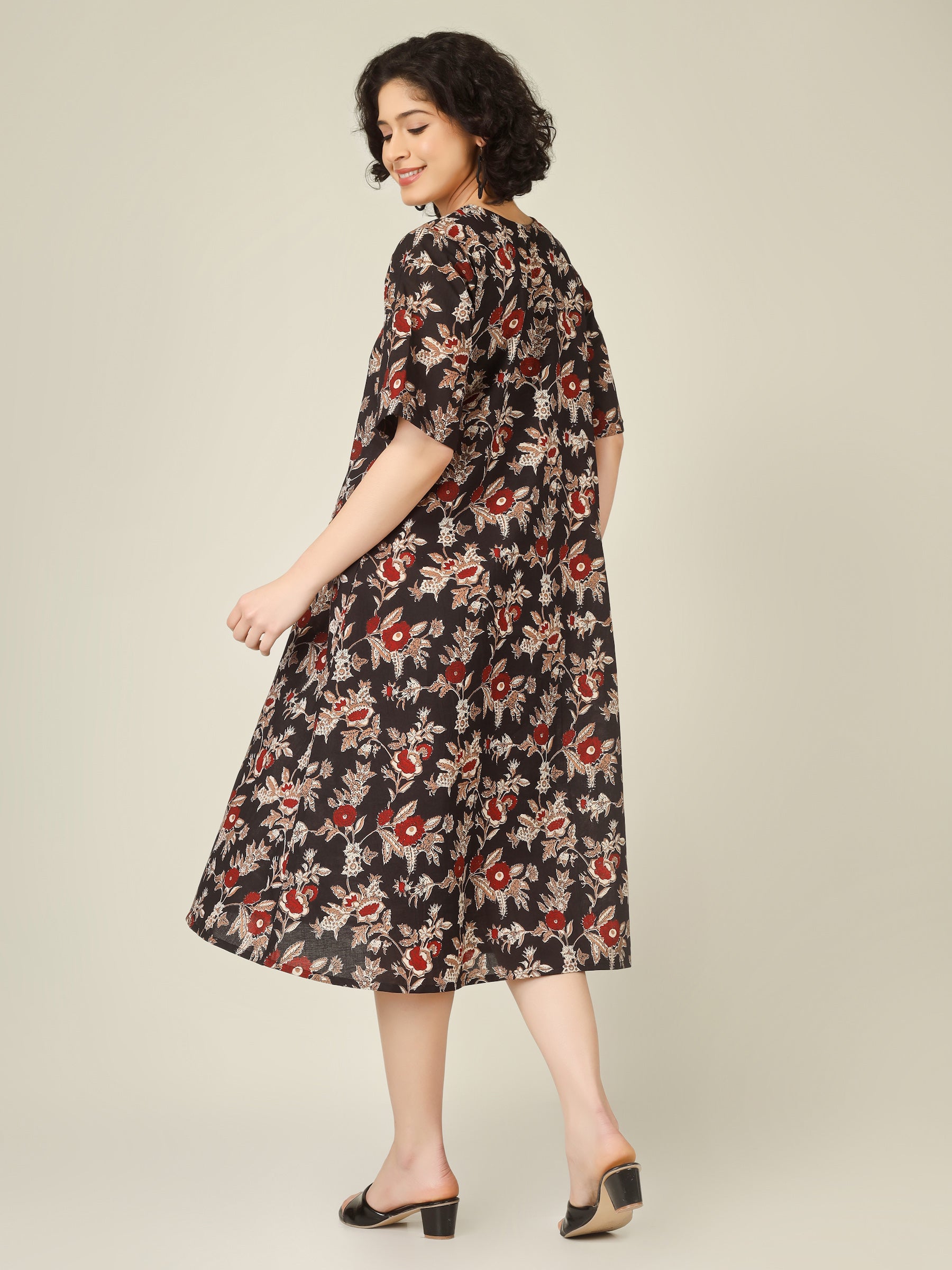 Black Printed Half-Sleeve A-Line Cotton Dress