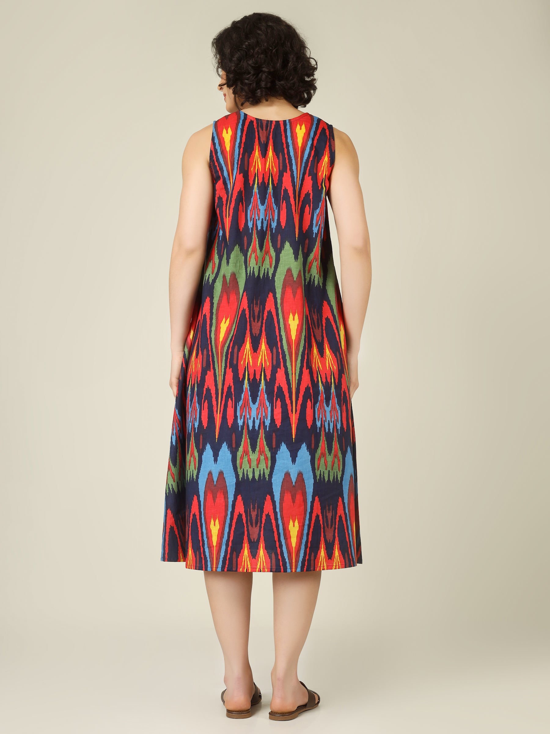 Navy Blue Printed V-Neck Sleeveless A-Line Cotton Dress