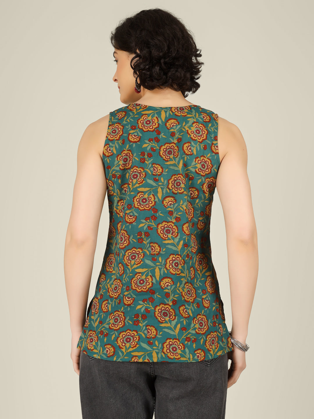 Green Printed Round Neck Sleeveless Cotton Top