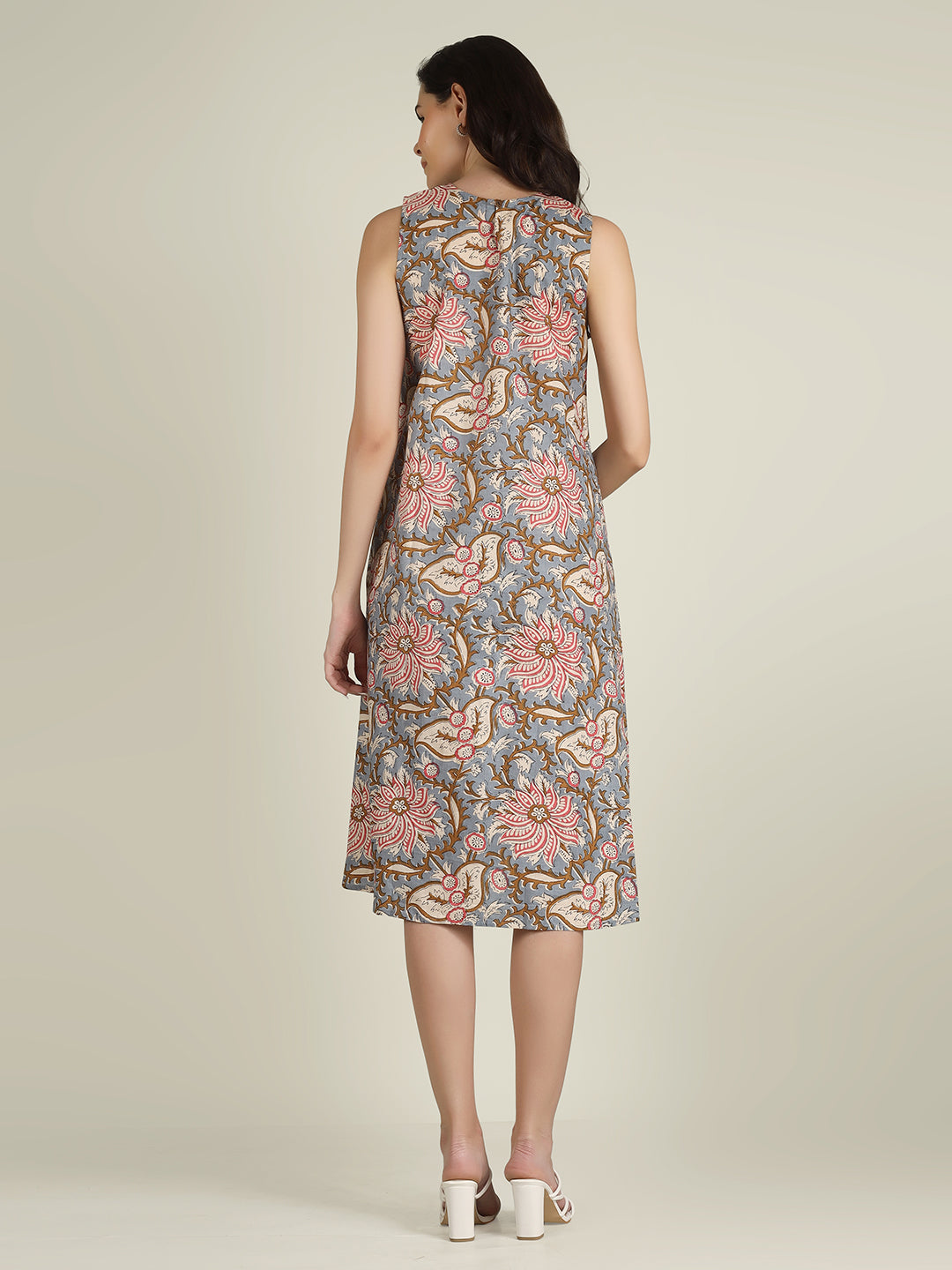 Grey Printed Sleeveless A-Line Cotton Dress