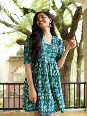 Teal Green Printed Short Cotton Dress