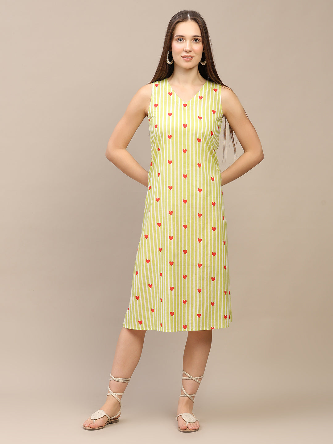 Light Green Striped V-Neck Sleeveless A-Line Cotton Dress